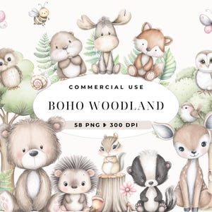 Clipart Boho del bosco, cuccioli di animali, decorazioni per la cameretta dei bambini, clipart per baby shower nel bosco, animali della foresta Boho, orso, nel bosco, uso commerciale