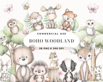 Boho Woodland Clipart, Baby Animals, Nursery Decor, Woodland Baby Shower Clipart, Boho Forest Animals, Bear, In the Woods, Commercial Use