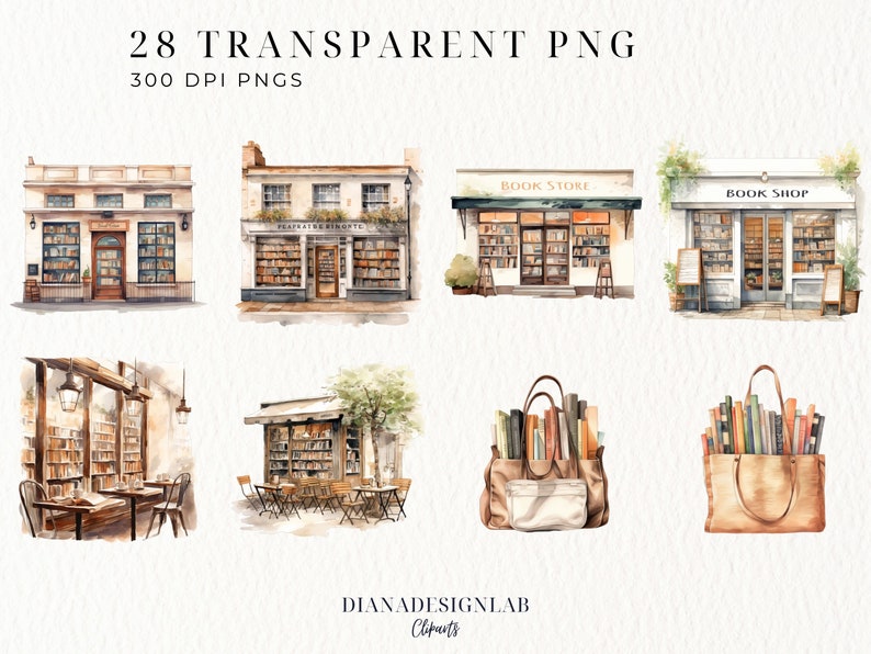May include: Watercolor illustrations of various bookstore scenes, including a storefront with a sign that reads "Book Store", a cafe with tables and chairs, and a tote bag filled with books.