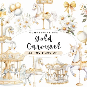 Karussell Aquarell Clipart, Karussell Pony, Neugeborenen, Geburtstag Clipart, Aufkleber, Karussell Pferd, Transparente Png, Foral Blumensträuße, Gold