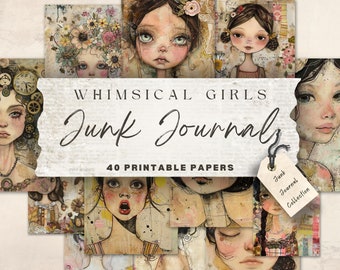 Whimsical Girls Junk Journal Pages, Whimsical Ephemera, Papers Girls Digital Papers, Printable Sheets, Symphony of Colors, Commercial Use
