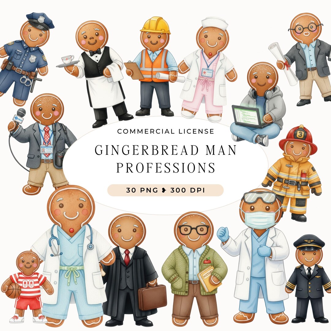 Watercolor Gingerbread Man Professions Clipart Set, 30 PNG Digital ...
