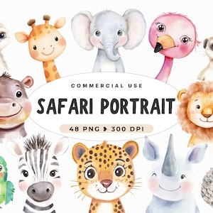 Clipart portraits safari aquarelle, bébés mignons, jungle mignonne PNG, invitation baby shower, chambre de bébé Safari, animal tropical Boho, usage Commercial