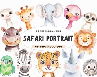 Watercolor Safari Portraits Clipart, Cute Babies, Cute Jungle PNG, Baby Shower Invite, Safari Nursery, Boho Tropical Animal, Commercial Use