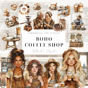 Clipart aquarelle amateur de café, fabrication de cartes, amoureux des livres, barman, café, café au lait, tasse à cappuccino, café PNG, boissons, usage commercial