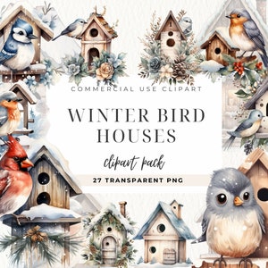 Cabane d'oiseaux hiver Clipart, téléchargement numérique, Noël aquarelle Clipart, Clipart Cardinal, oiseau, mésange, geai bleu PNG, fabrication de cartes