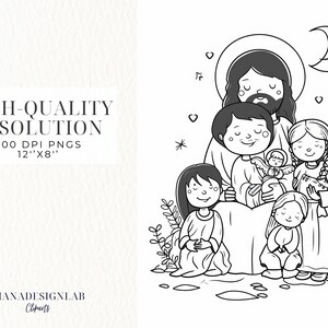Puede incluir: Ilustraci&oacute;n en blanco y negro de Jes&uacute;s con cuatro ni&ntilde;os. Jes&uacute;s sostiene un peque&ntilde;o &aacute;ngel en sus brazos. Los ni&ntilde;os sonr&iacute;en y tienen los ojos cerrados. La imagen est&aacute; sobre un fondo blanco con una luna creciente y estrellas.