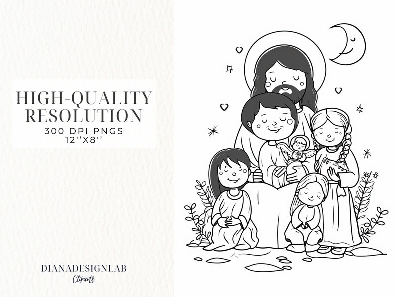 Puede incluir: Ilustraci&oacute;n en blanco y negro de Jes&uacute;s con cuatro ni&ntilde;os. Jes&uacute;s sostiene un peque&ntilde;o &aacute;ngel en sus brazos. Los ni&ntilde;os sonr&iacute;en y tienen los ojos cerrados. La imagen est&aacute; sobre un fondo blanco con una luna creciente y estrellas.
