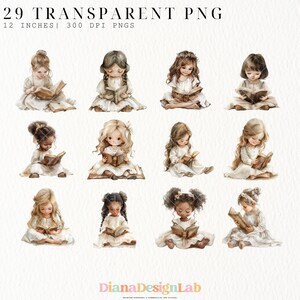 May include: A set of 12 digital illustrations of girls reading books. The girls are all wearing dresses and have long hair. The illustrations are in a watercolor style and have a soft, whimsical feel.