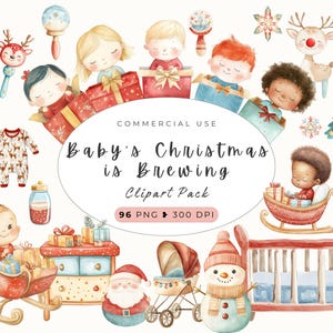 Clipart de preparação de bebê, berçário em aquarela, download instantâneo, bebê de Natal, rabisco de Natal, convite para chá de bebê, cartão de anúncio de gravidez