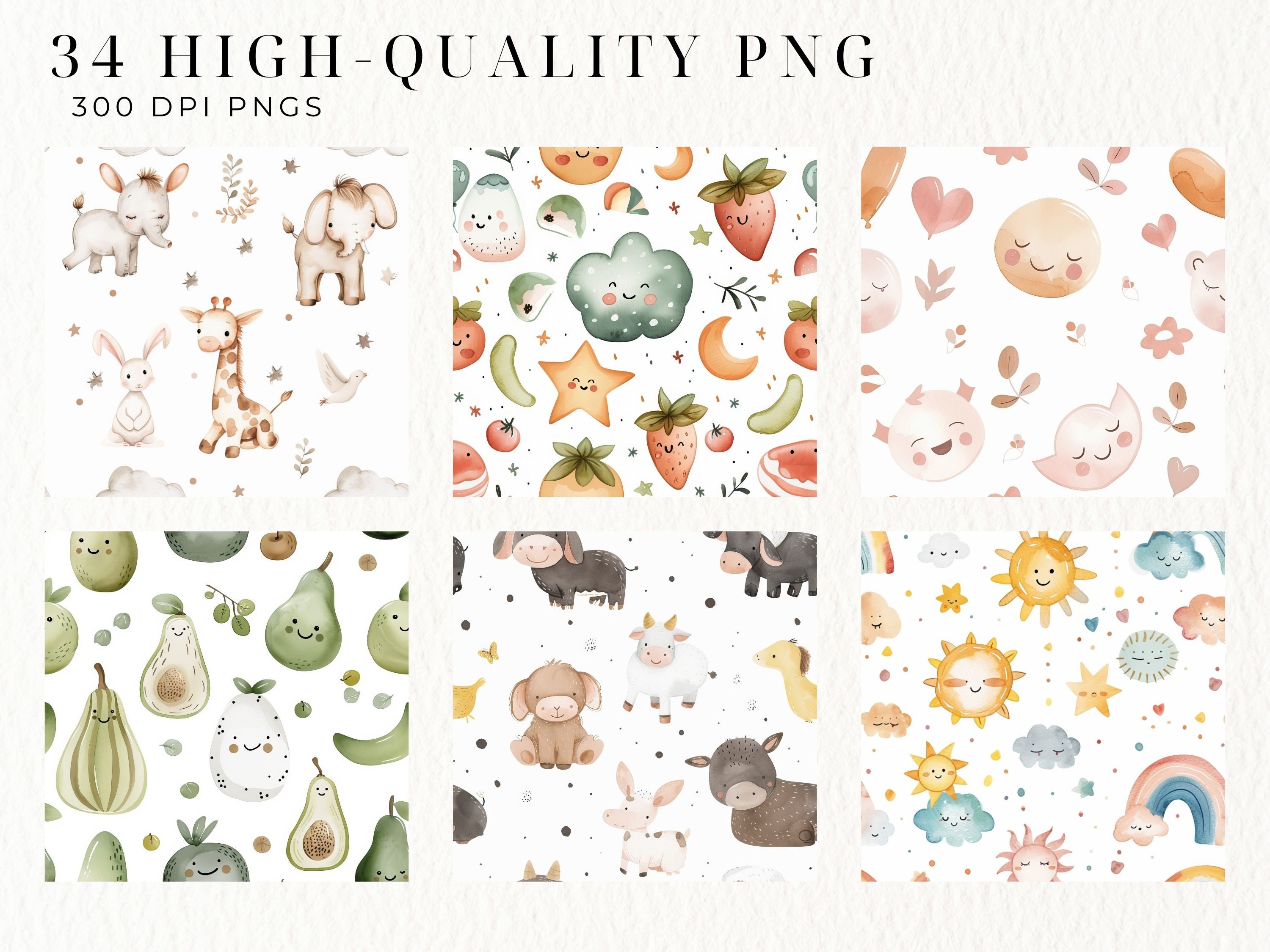 Boho Baby Watercolor Clipart, Nursery Animal Seamless Pattern, Newborn ...