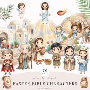 May include: A collection of watercolour illustrations depicting Easter Bible characters. The image shows Jesus, angels, and other figures in traditional biblical clothing. The artwork uses a soft, pastel colour palette and a whimsical style, suitable for religious-themed crafts and designs.
