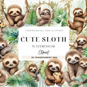 Sloth Clipart, Watercolor Baby Sloth, Realistic Art, Mother and Son, Adorable Animal Graphics, Lazy Cute Animal, Leaves, Commercial Use