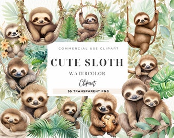 Sloth Clipart, Watercolor Baby Sloth, Realistic Art, Mother and Son, Adorable Animal Graphics, Lazy Cute Animal, Leaves, Commercial Use