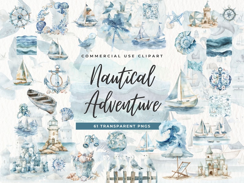 Op de afbeelding: Een set van 61 aquarel illustraties met een nautisch thema. De set bevat een verscheidenheid aan afbeeldingen, waaronder boten, ankers, vuurtorens, schelpen en meeuwen. De afbeeldingen zijn allemaal in tinten blauw en wit, en ze zijn perfect om een ​​nautische touch aan je projecten toe te voegen.