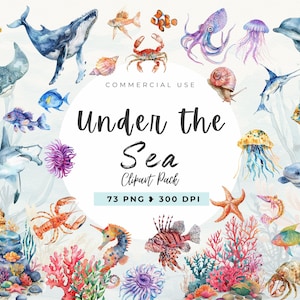 Clipart animaux marins aquarelle, mignon sous la mer, tortue de mer, animaux marins, art mural déco chambre d'enfant, graphisme pour enfant, usage Commercial