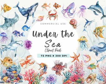 Ocean Animals Clipart Watercolor, Cute Under the Sea, Sea Turtle, Sea Animals, Nursery Decor Wall Art, Graphics For Kid, Commercial Use
