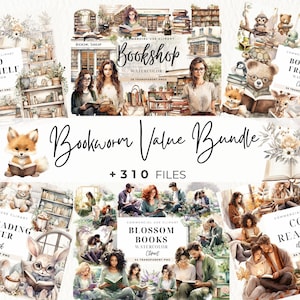 Aquarel Bookworm Value Bundle, Dieren Lezen Boek Clipart, Commercieel Gebruik, Booklover, Lezen, Leeszucht, Boekenplank, Cottagecore, Digitaal