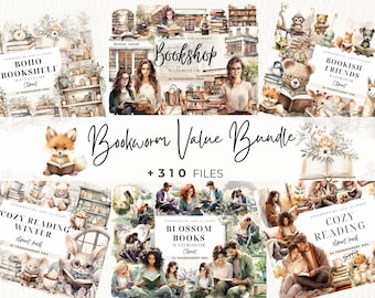 Watercolor Bookworm Value Bundle, Animals Reading Book Clipart, Commercial Use, Booklover, Reading, Bookish, Bookshelf, Cottagecore, Digital