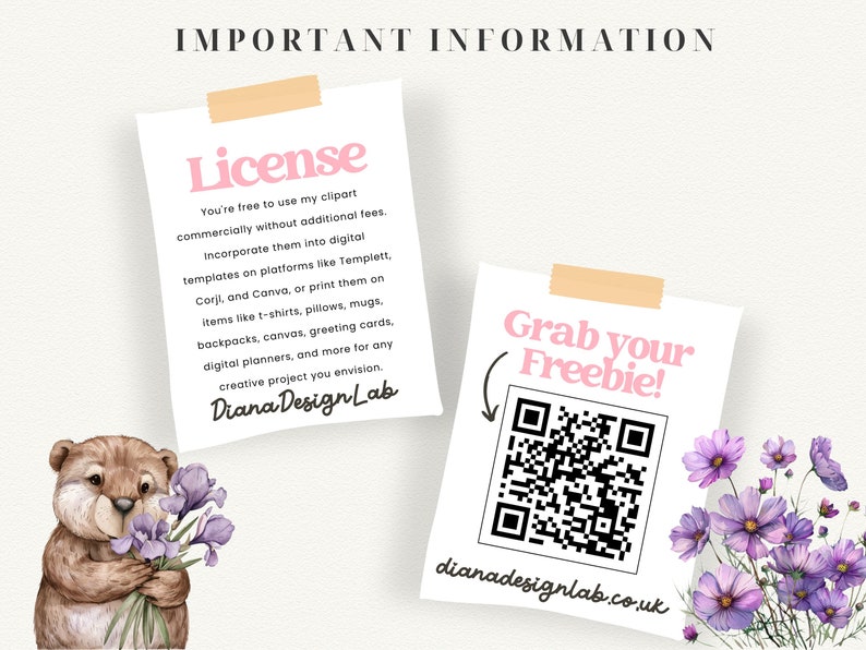 May include: A pink and white digital download license agreement with the text "License" and "Diana Design Lab". The license agreement states that the clipart can be used commercially without additional fees. A QR code with the text "Grab your Freebie!" and "dianadesignlab.co.uk" is shown next to a watercolor illustration of a brown bear holding a bouquet of purple flowers.