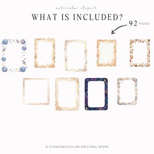 May include: Watercolor clipart featuring various rectangular frames with celestial and vintage designs. The frames include planets, moons, stars, and scalloped edges. The text "WHAT IS INCLUDED?" and "92 FILES" are also visible.