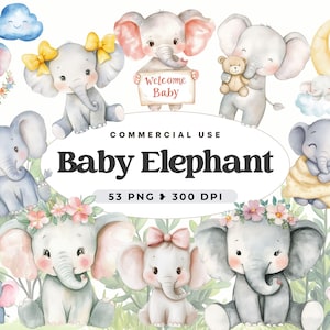 Clipart di elefante bambino, acquerello, decorazioni per la cameretta dei bambini, baby shower, elefante bambino con palloncini, rosa, fiori, fiocco, cameretta dei bambini, uso commerciale