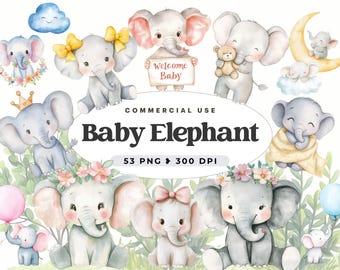 Baby Elephant Clipart, Watercolor, Nursery Decor, Baby Shower, Baby Elephant With Balloons, Pink, Flowers, Bow, Nursery, Commercial Use