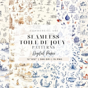 Chinoiseries Toile de Jouy, motifs sans couture, papiers numériques Français vintage, graphiques PNG, Century Library, houx de Noël, PNG sans couture