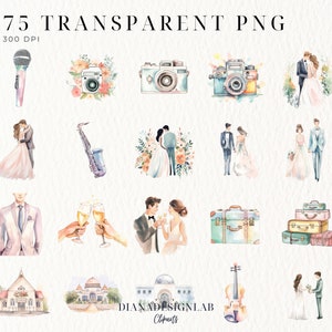 Op de afbeelding: Waterverfillustraties van elementen met een bruiloftthema. Bevat stellen, camera's, muziekinstrumenten, champagneglazen, koffers en gebouwen. De tekst bovenaan luidt "75 TRANSPARENT PNG" en "300 DPI".