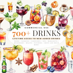 700+ Aquarell Cocktail Clipart Bundle, Getränk, Alkohol, Hochzeitsgetränke, Barkarte, Signature Cocktail, Garnituren, Bier, Champagner, Wein