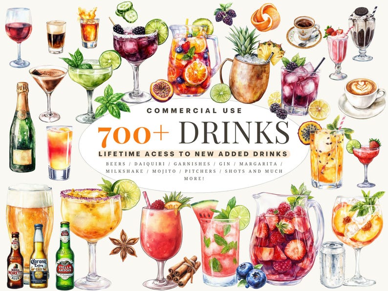 May include: A watercolor illustration of over 700 different drinks, including beers, daiquiris, garnishes, gin, margaritas, milkshakes, mojitos, pitchers, shots, and more. The illustration features a variety of colorful drinks with fruits, herbs, and other garnishes.