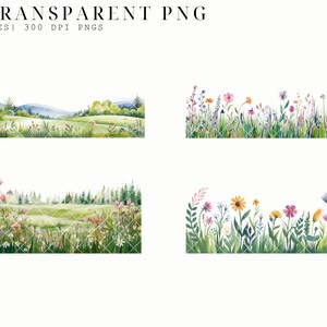 May include: Four watercolor illustrations of a meadow with wildflowers and green grass. The top left image shows a distant mountain range. The top right image shows a border of wildflowers. The bottom left image shows a meadow with wildflowers and trees in the background. The bottom right image shows a border of wildflowers.