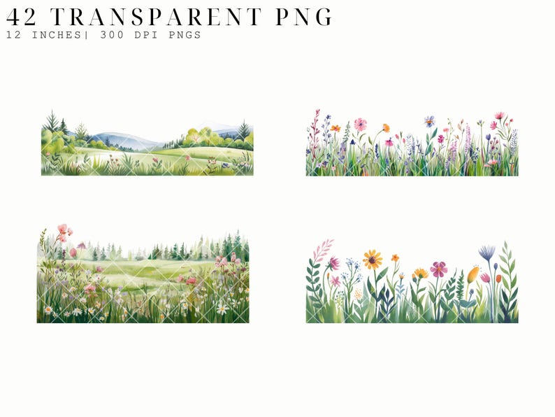 May include: Four watercolor illustrations of a meadow with wildflowers and green grass. The top left image shows a distant mountain range. The top right image shows a border of wildflowers. The bottom left image shows a meadow with wildflowers and trees in the background. The bottom right image shows a border of wildflowers.
