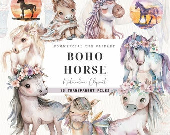 Boho Horse Clipart, Commercial Use, Watercolor Horse Png, Cute Boho Baby Horses, Sublimation Design, Pretty Palomino, Transparent Background