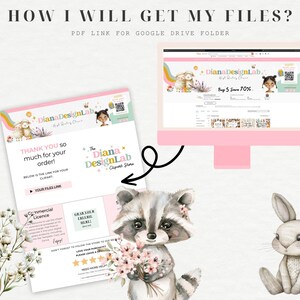 May include: A pink and white computer screen displaying a website with the text "Diana DesignLab" and a graphic of a raccoon holding flowers. The screen is connected to a pink computer monitor. A pink and white digital download receipt with the text "Thank you so much for your order!" and "Your files link" is shown on the left side of the image.