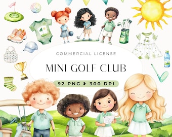 Mini Golf Clipart Set – 92 PNG Watercolor Kids & Equipment, Commercial Use