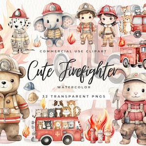 Clipart de bombeiro em aquarela, chá de bebê de animais fofos, ilustração de caminhão de bombeiros, berçário de menino, arte para impressão, urso e dálmata PNG