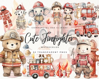 Watercolor Firefighter Clipart, Cute Animals Baby Shower, Fire Truck illustration, Baby boy Nursery, Printable Art, Bear and Dalmatian PNG
