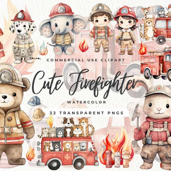 Watercolor Firefighter Clipart, Cute Animals Baby Shower, Fire Truck illustration, Baby boy Nursery, Printable Art, Bear and Dalmatian PNG