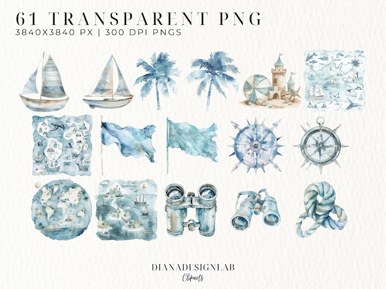 Op de afbeelding: Een set van 61 aquarel illustraties met nautische en oceaan-thema's. De illustraties omvatten boten, kaarten, vlaggen, kompassen, palmbomen, verrekijkers en een touw. De illustraties zijn in tinten blauw, wit en bruin.