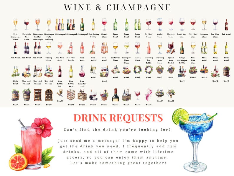 May include: A watercolor illustration of various wine and champagne glasses, bottles, and decanters. The image includes text that reads "Wine & Champagne" and "Drink Requests".