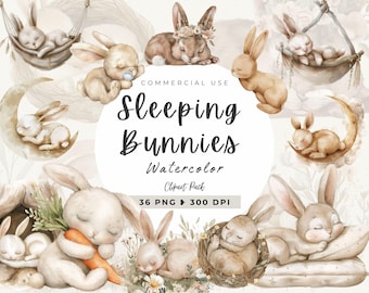 Sleeping Baby Bunnies Clipart, Bunny Baby Shower, Welcome Baby, Instant Download, Boho Bunny, Moon, Nursery Art, Invite, Commercial Use