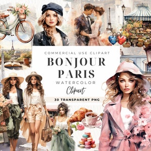 Clipart aquarelle de Paris, Art de Paris, Saint-Valentin, Amour Png, usage commercial, Tour Eiffel, croissant, Paris romantique France