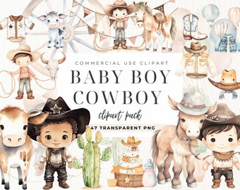 Watercolor Cowboy Baby Clipart: Wild West PNG Graphics (Digital Download)