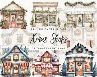 Christmas Storefront Clipart, Xmas Watercolor Clipart, Holiday Store Clipart,Instant Download, Christmas Hause Village Clipart, Paper Crafts