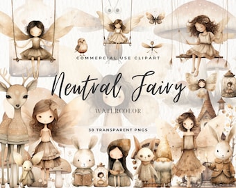 Neutral Fairy Clipart, Boho Watercolor Fairy Garden Clipart, Brown Ivory Gnome, Magical Fairy and Pink Flower, Mushroom PNG, Commercial