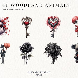 May include: A set of 41 digital illustrations featuring woodland animals in a gothic style. The illustrations include a skeleton couple, a panda holding a heart, a black rose, a bouquet of black roses, and two keys with hearts. The illustrations are perfect for adding a touch of whimsy and darkness to your projects.
