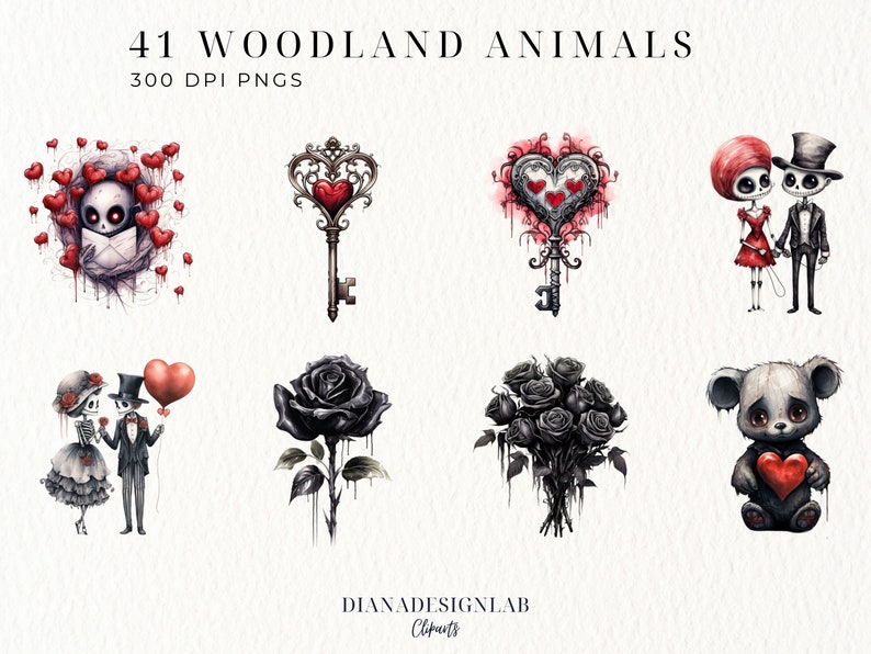 May include: A set of 41 digital illustrations featuring woodland animals in a gothic style. The illustrations include a skeleton couple, a panda holding a heart, a black rose, a bouquet of black roses, and two keys with hearts. The illustrations are perfect for adding a touch of whimsy and darkness to your projects.