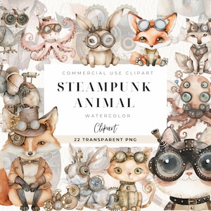 Acuarela Steampunk Animales Clipart, Descarga Digital, Fantasía Clip Art, Steampunk Ephemera, Arte Digital, Álbum de Recortes, Uso Comercial