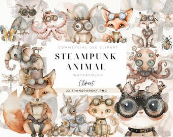 Watercolor Steampunk Animals Clipart, Digital Download, Fantasy Clip Art, Steampunk Ephemera, Digital Art, Scrapbook, Commercial Use